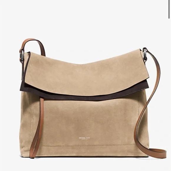 Michael Kors Collection Sedona Large Suede Flap Messenger Bag Tan Brown - Picture 1 of 14